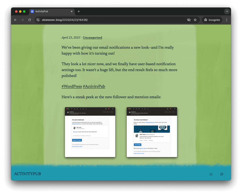 Screenshot of a WordPress blog post about ActivityPub integration showing redesigned email notification templates on a green background.