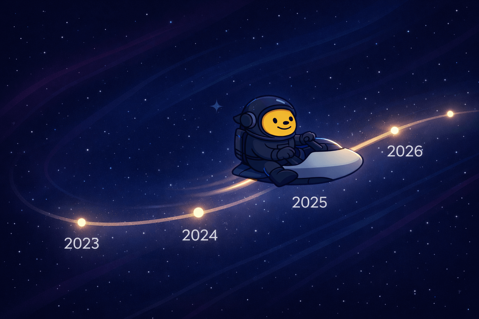 Wapuu in a small spaceship flies along a glowing timeline in space, positioned between the years 2025 and 2026, with softly lit past and future nodes curving through a starry background.
