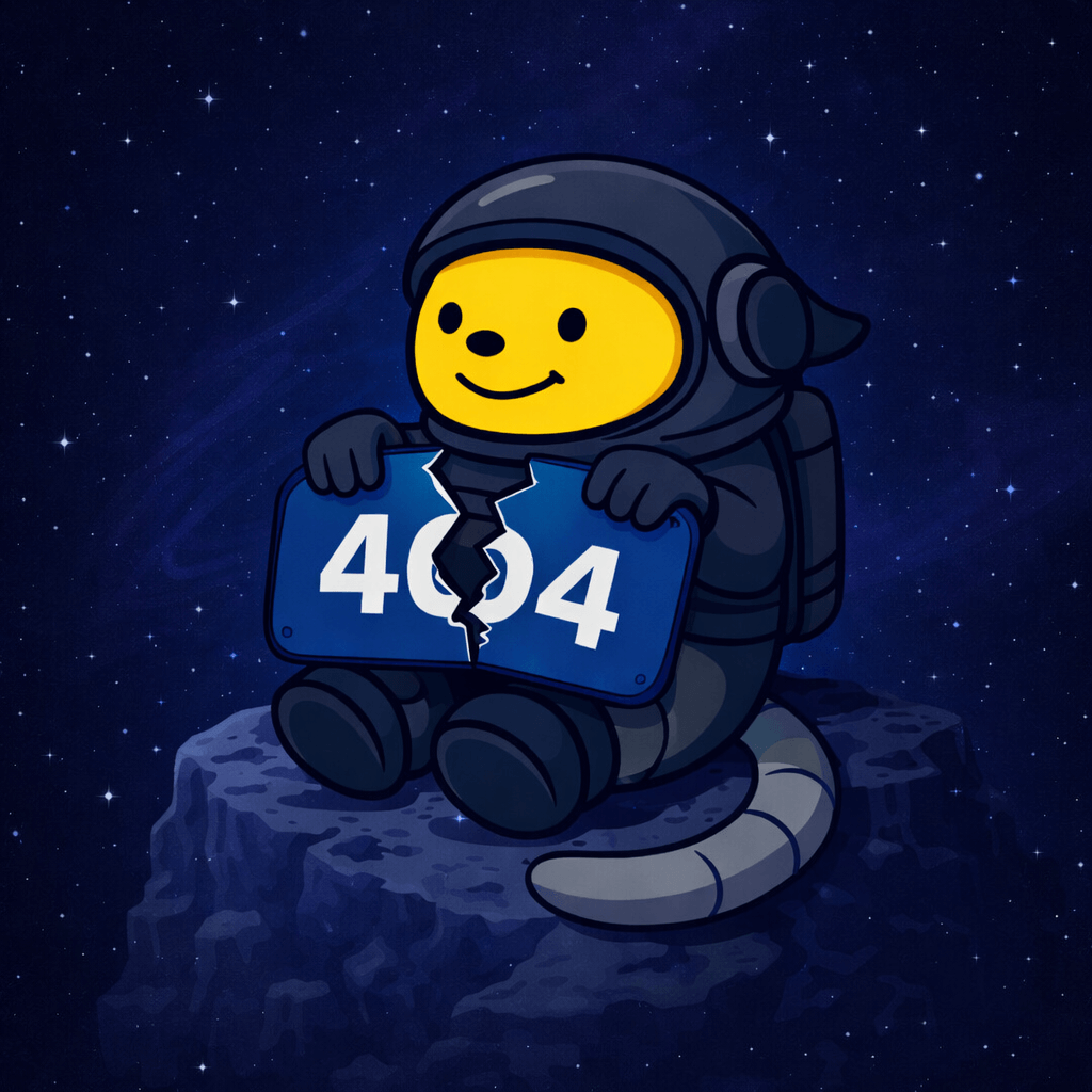 A Wapuu in a space suite, sitting on a planet, holding a broken 404 sign.