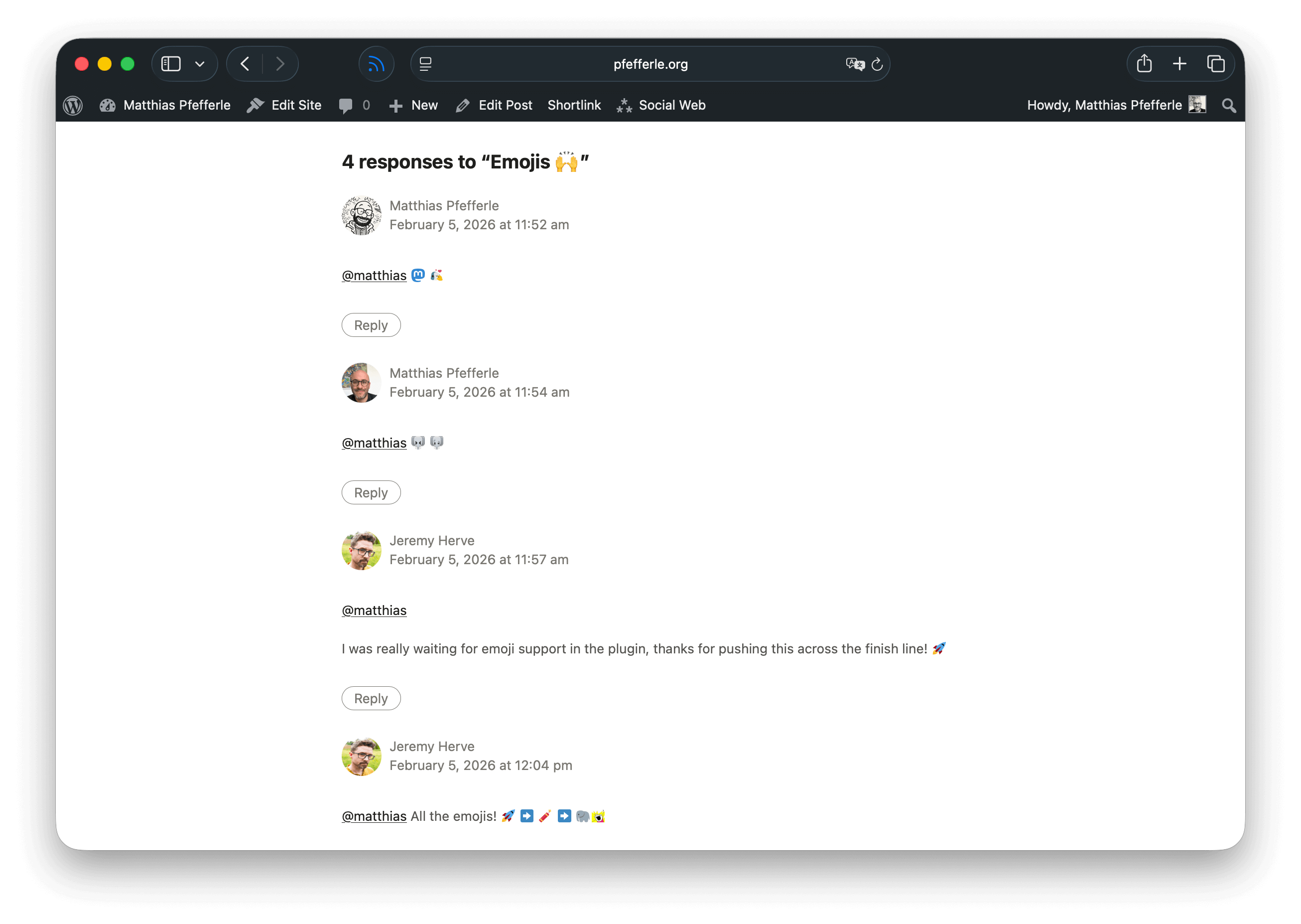 A screenshot of a comments section of a WordPress blog, showing comments with custom emojis.