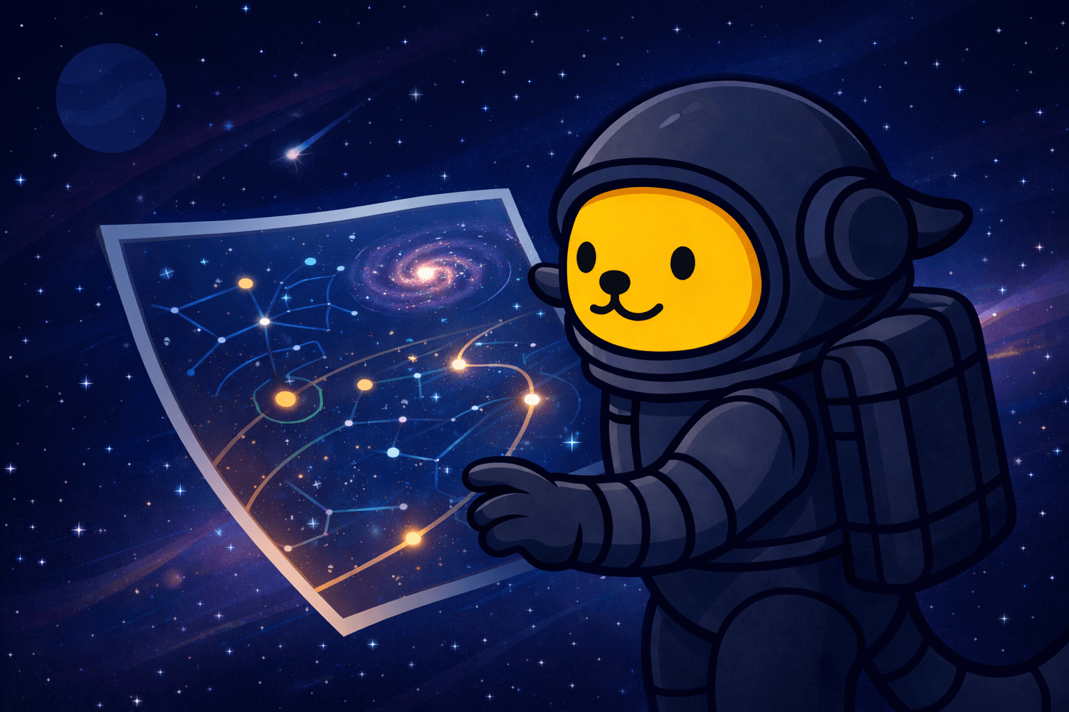 Astronaut Wapuu, the yellow WordPress mascot in a dark blue space suit, floats in a starry space scene while holding a glowing cosmic map filled with planets, constellations, and orbital paths.