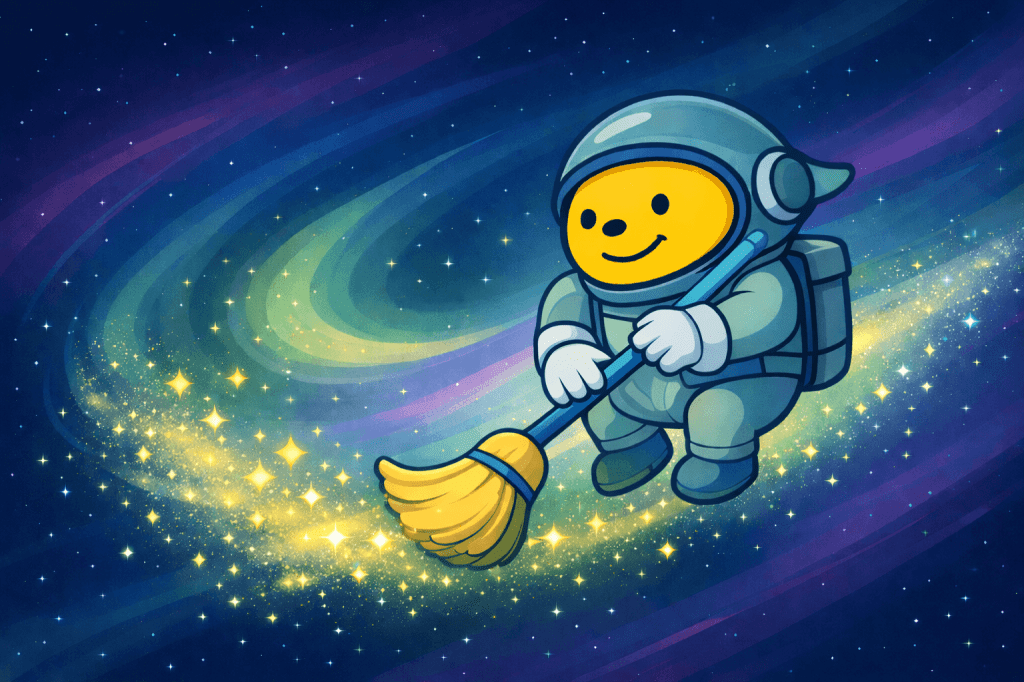 An image of a Wapuu in a space-suite, cleaning the milky way.