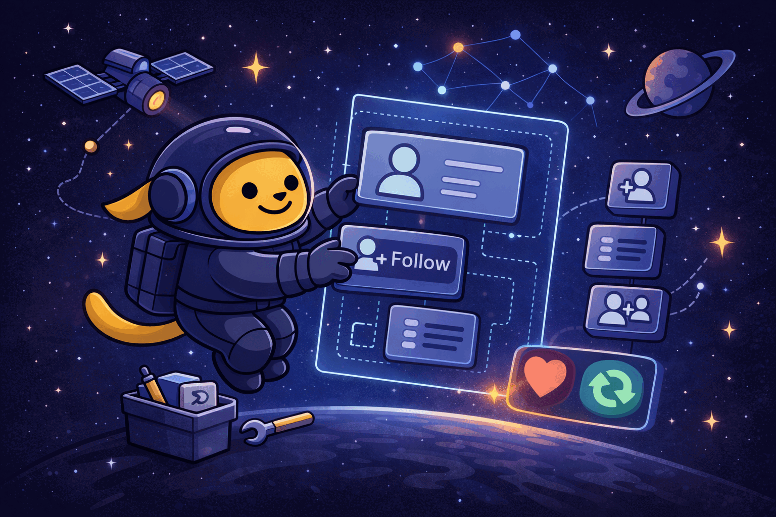 Wapuu in a space suit floats in space assembling a glowing profile layout made of blocks, placing a “Follow” button while reaction icons for Like and Boost hover nearby.