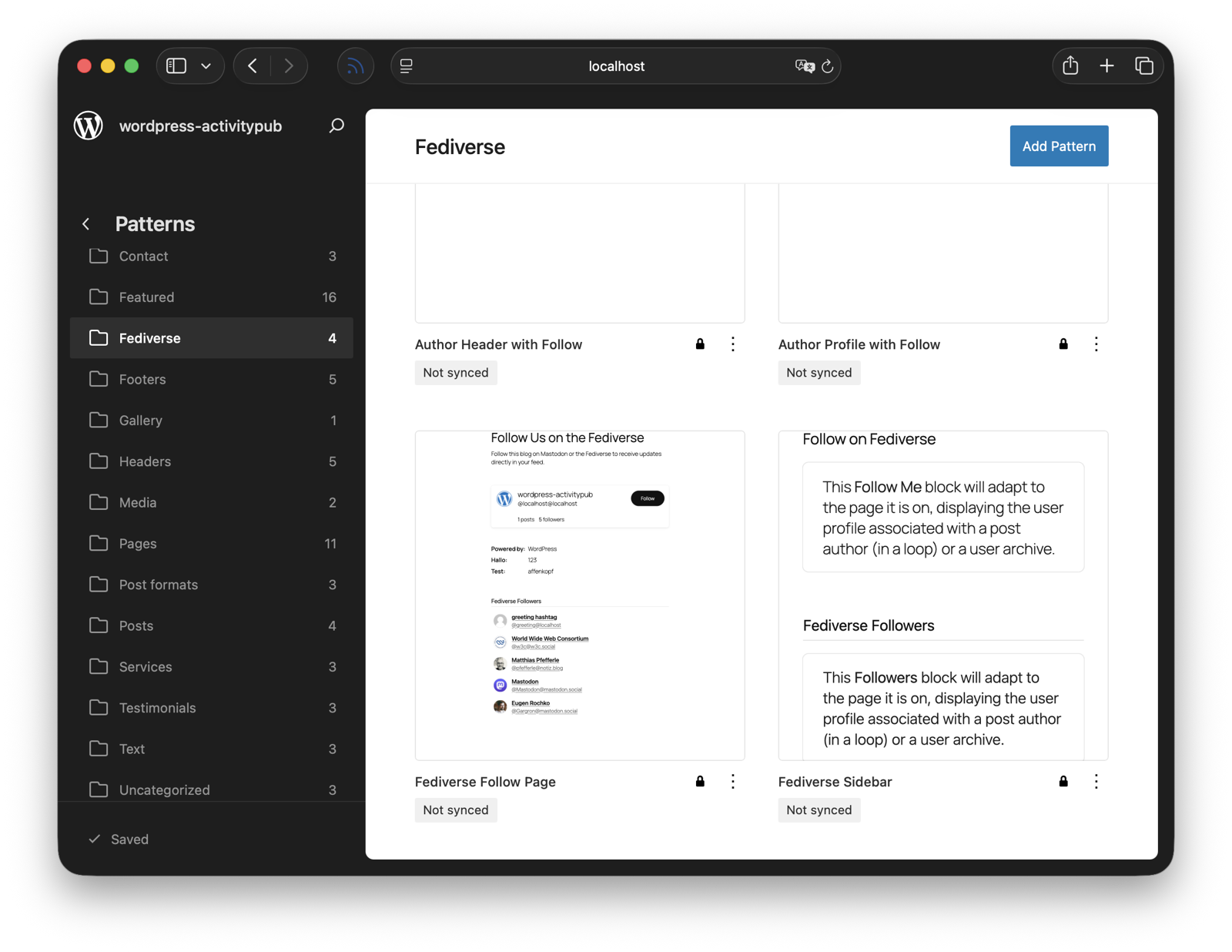 WordPress Site Editor Patterns screen with the Fediverse category selected, showing four block patterns: Author Header with Follow, Author Profile with Follow, Fediverse Follow Page with a profile card and followers list, and Fediverse Sidebar with a Follow Me block and Followers block.