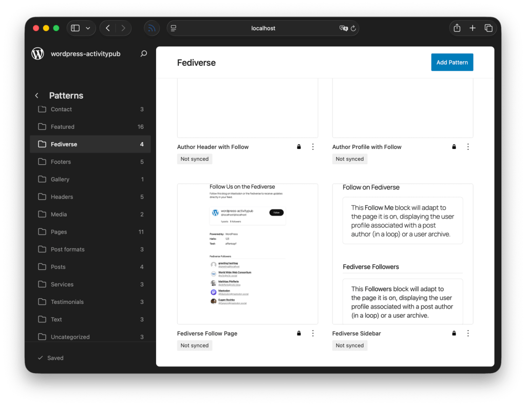 WordPress Site Editor Patterns screen with the Fediverse category selected, showing four block patterns: Author Header with Follow, Author Profile with Follow, Fediverse Follow Page with a profile card and followers list, and Fediverse Sidebar with a Follow Me block and Followers block.