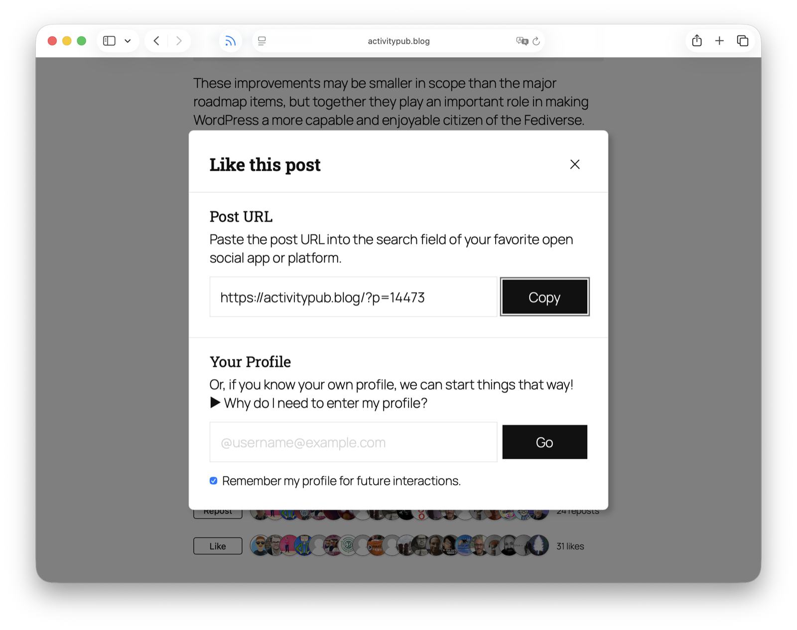 Like this post modal dialog on activitypub.blog showing two ways to interact: a copyable Post URL field and a "Your Profile" field where visitors can enter their Fediverse handle.