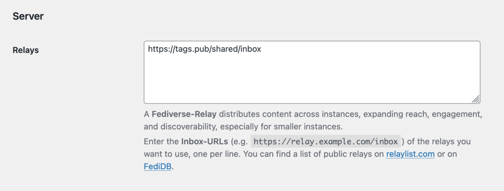 A screenshot of the Relay-Settings of the ActivityPub plugin.