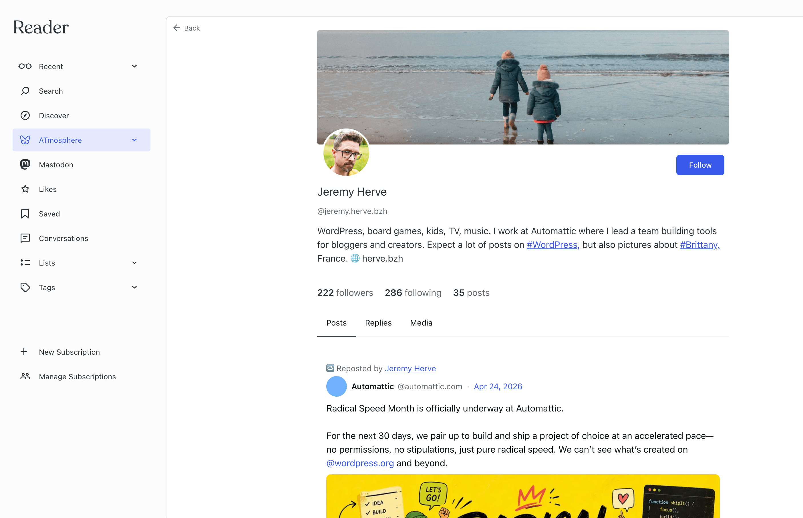 The image shows Jeremy Herves Bluesky profile in the reader.