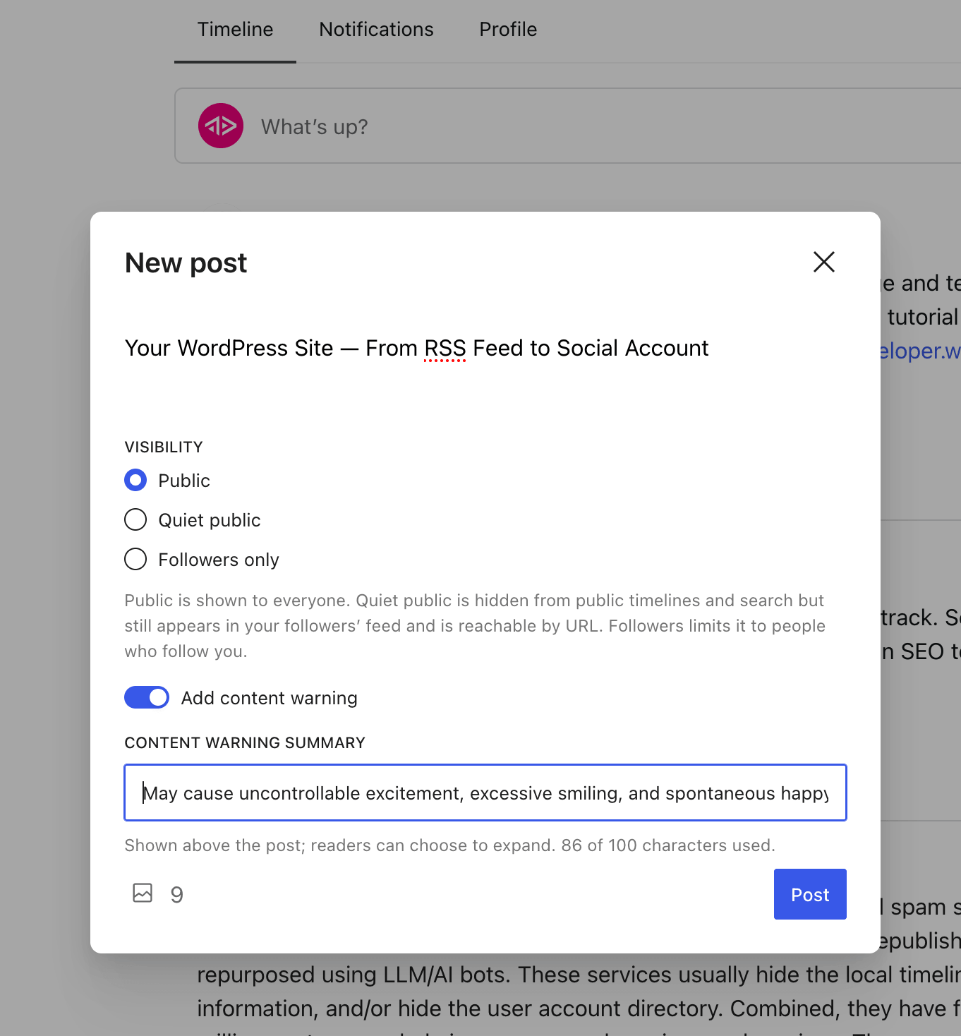 A screenshot of the "new post" screen inside the Reader.