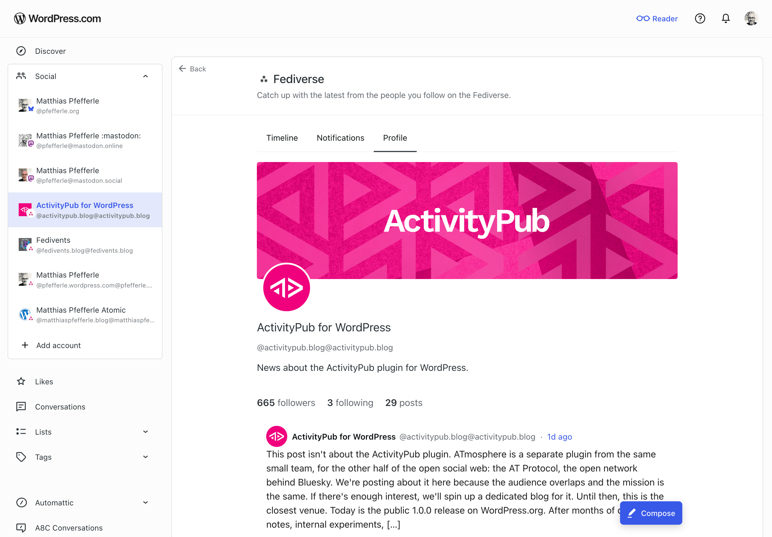 A screenshot of the Social Profile of the ActivityPub.blog Blog.