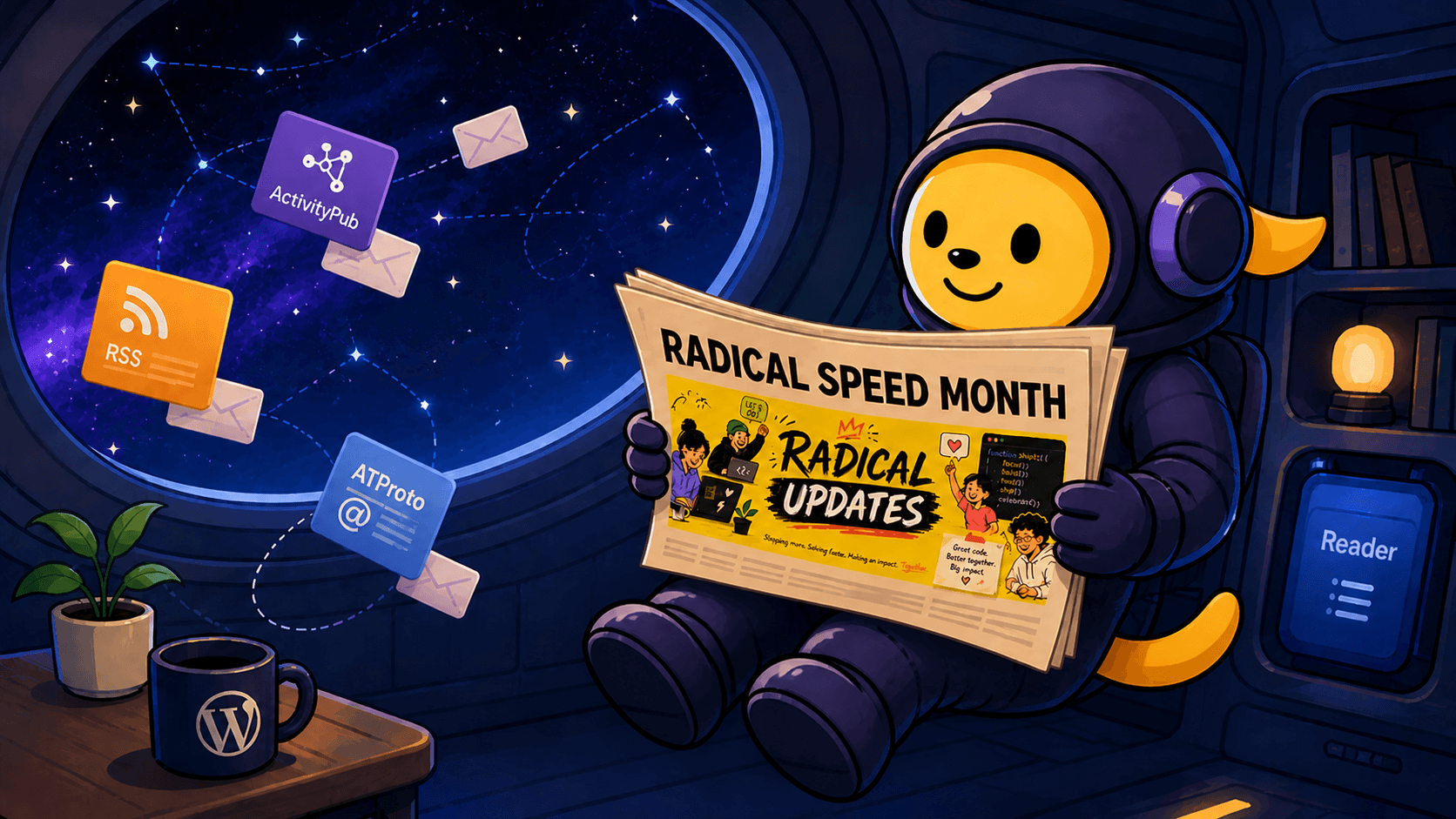 Wapuu in a space suit floats inside a spaceship, reading a newspaper with a “Radical Speed Month” headline and a yellow update graphic, while message cards for RSS, ActivityPub, and ATProto drift in through a window showing space.