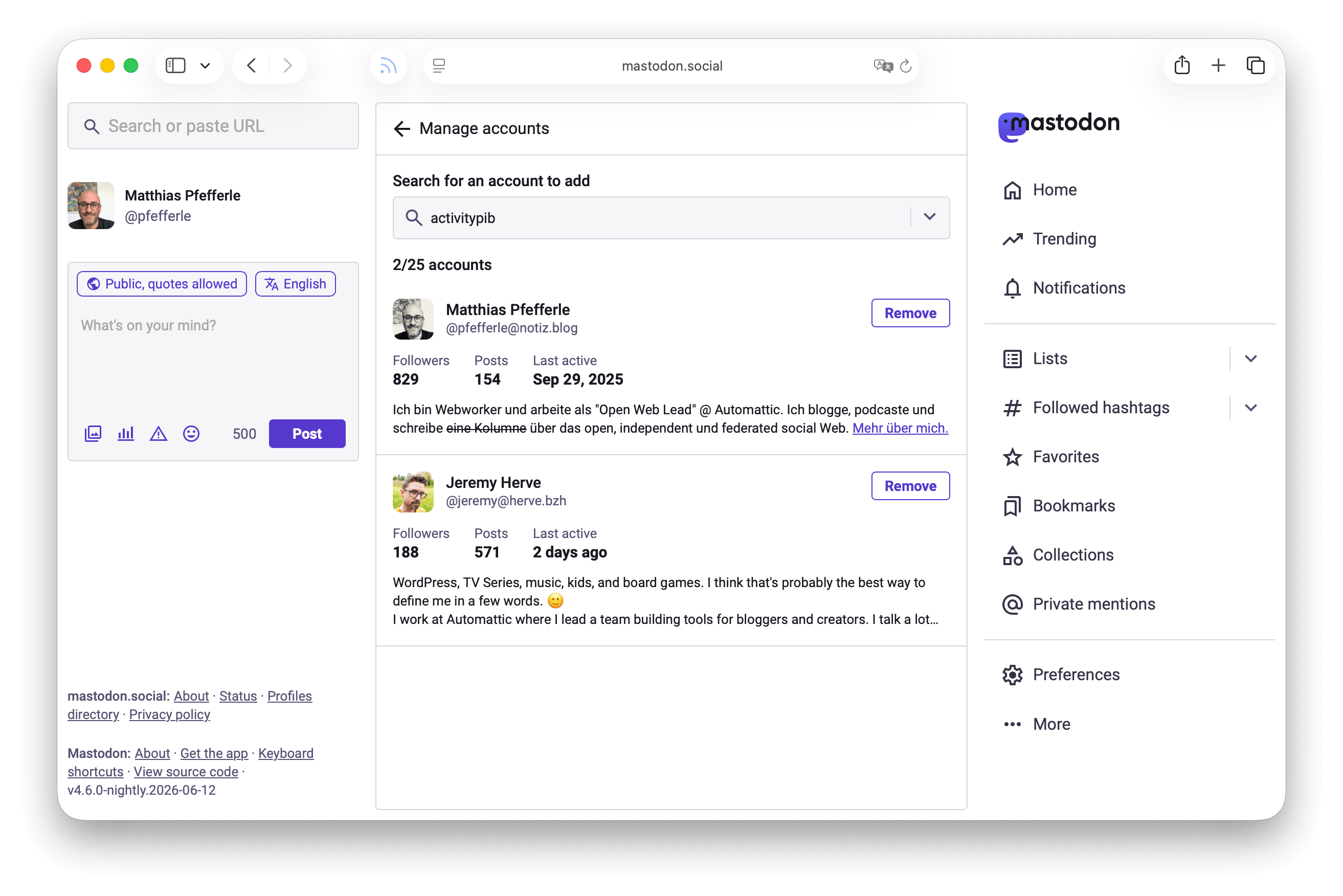 Screenshot of a Featured-Collection, showing two WordPress blogs, on Mastodon.