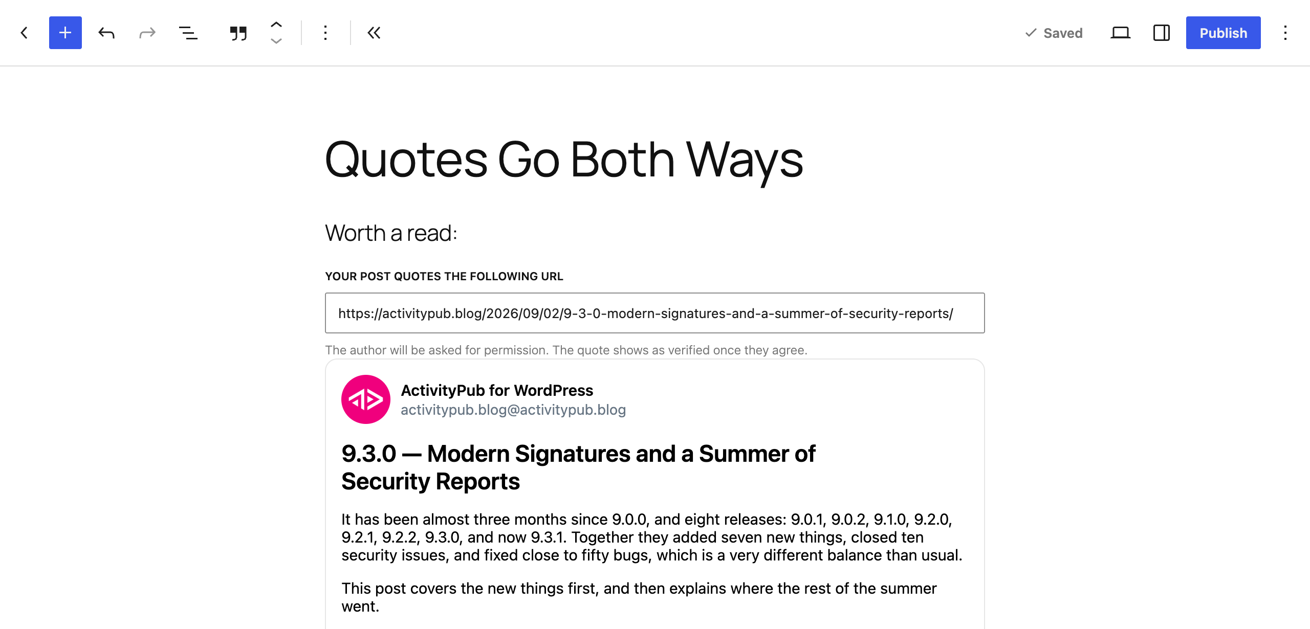 The Federated Quote block in the editor, with the URL of the quoted post, a note that the author will be asked for permission, and an embed of the post.